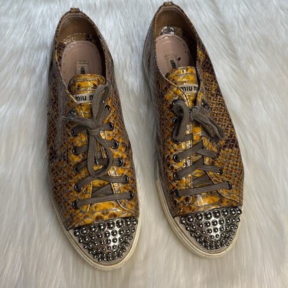 Miu Miu Yellow Python Print Leather Studded Toe Cap Sneakers - Picture 3 of 11